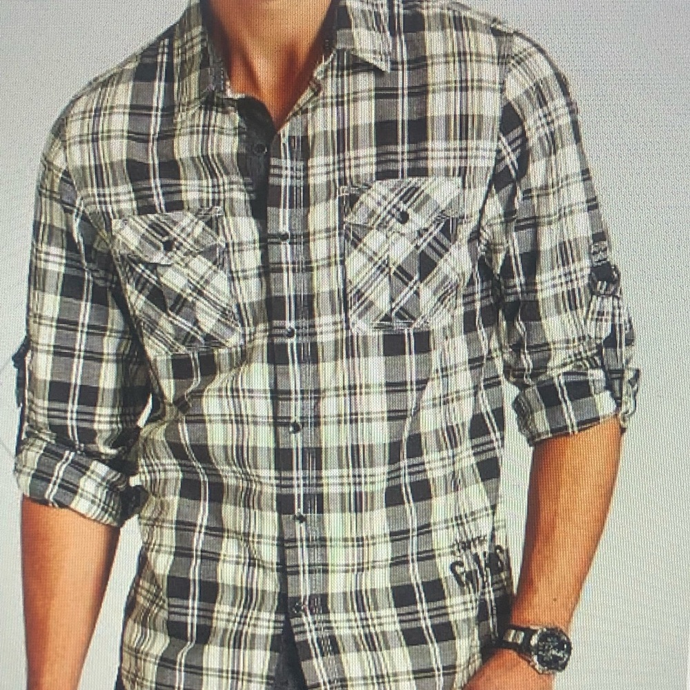New Mens Guess Slim Fit Button Roll Up Plaid Long Sleeves L